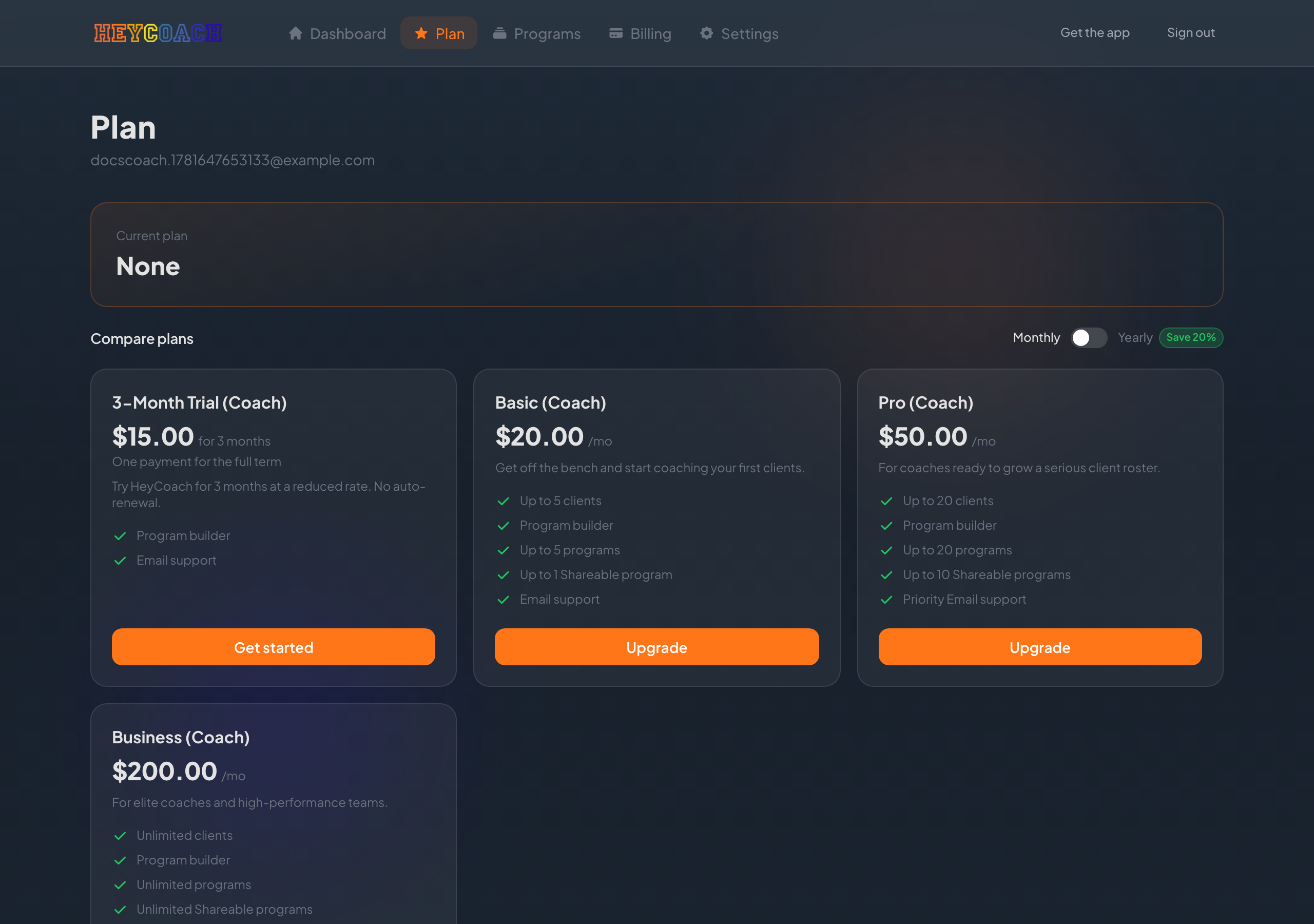 HeyCoach plan page