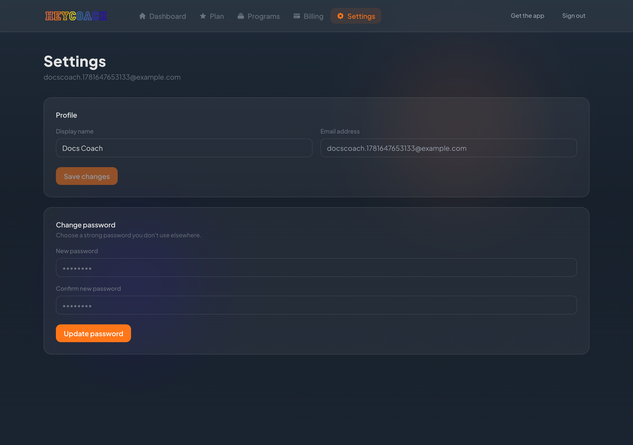 Coach settings page
